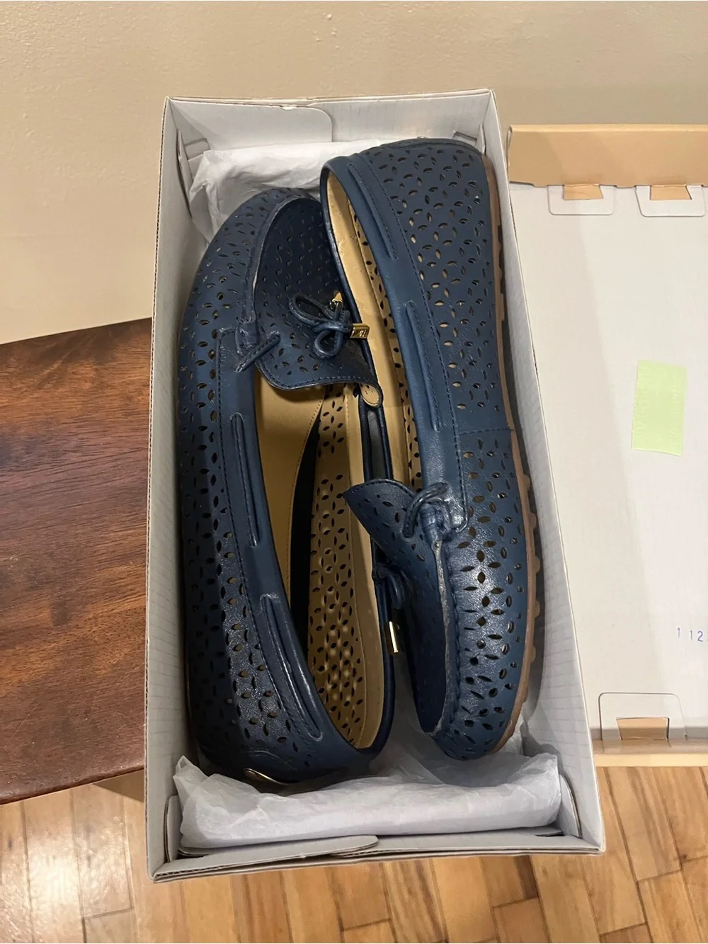 Michael Kors Navy Perforated Leather Loafers with Bow Accent